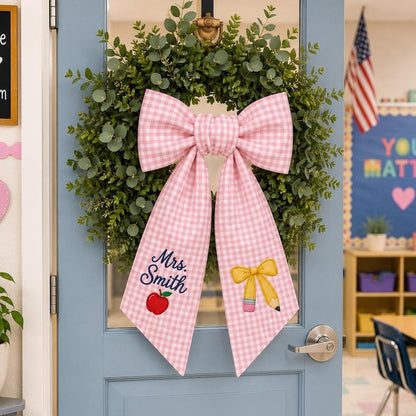 Personalized Teacher Door Wreath Bow, Custom Name Gingham Wreath Sash