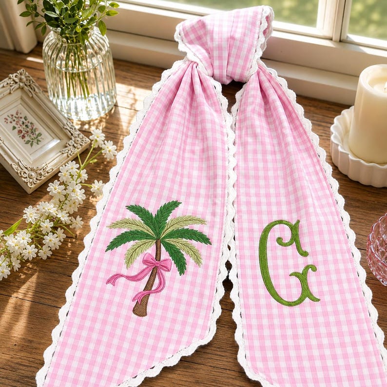 Summer Door Hanger Bow, Personalized Palm Tree Monogram Wreath Sash