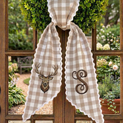 Personalized Stag Wreath Sash, Tan Gingham Door Bow