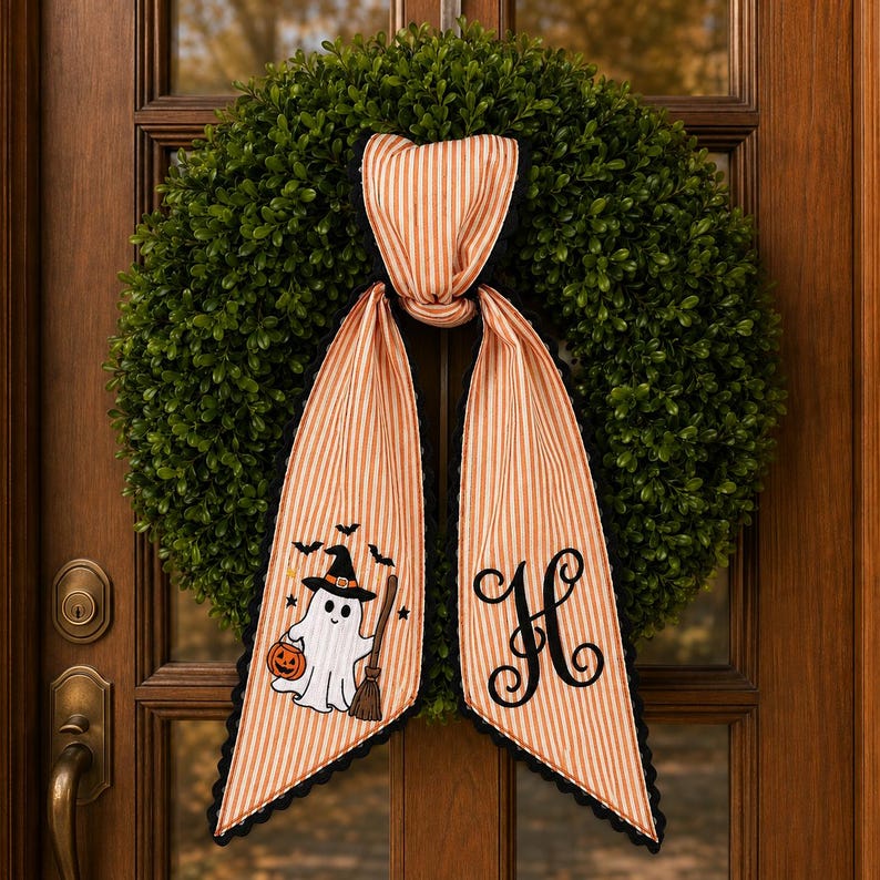 Custom Witch Ghost Halloween Wreath Sash, Personalized Seasonal Front Door Decor