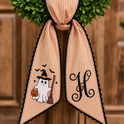 Custom Witch Ghost Halloween Wreath Sash, Personalized Seasonal Front Door Decor