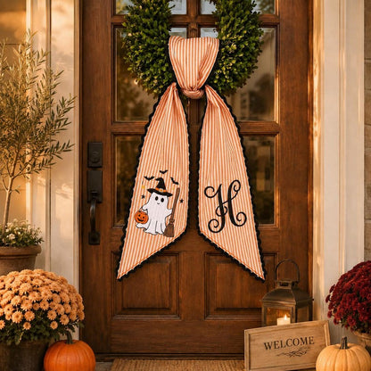 Custom Witch Ghost Halloween Wreath Sash, Personalized Seasonal Front Door Decor