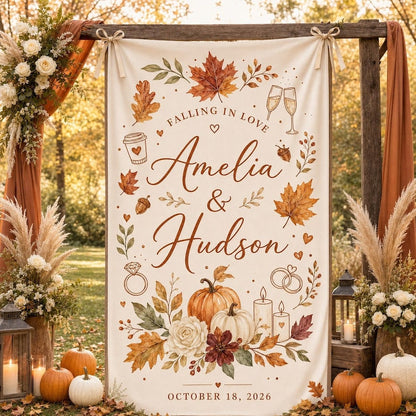Fall Wedding Tapestry Custom Couple Names Autumn Leaves Pumpkin Wall Hanging