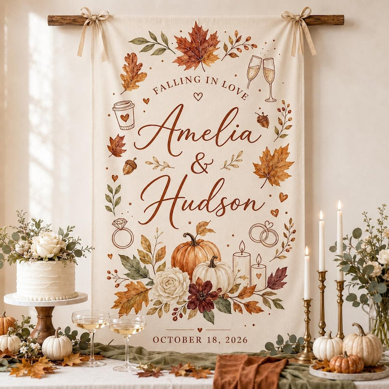 Fall Wedding Tapestry Custom Couple Names Autumn Leaves Pumpkin Wall Hanging