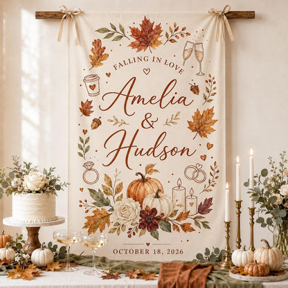 Fall Wedding Tapestry Custom Couple Names Autumn Leaves Pumpkin Wall Hanging