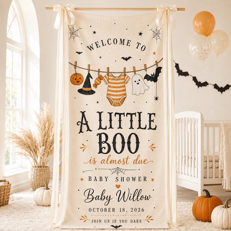 Personalized Halloween Baby Shower Tapestry, Little Boo Is Almost Due Banner