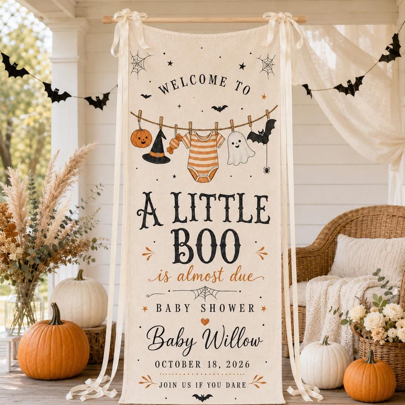 Personalized Halloween Baby Shower Tapestry, Little Boo Is Almost Due Banner