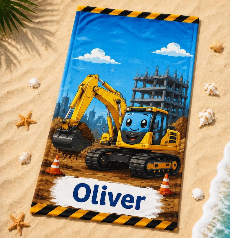 Personalized Kids Beach Towel, Custom Name Construction Truck Towel