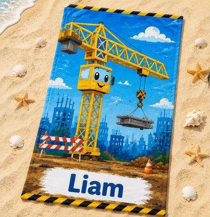 Personalized Kids Beach Towel, Custom Name Construction Truck Towel