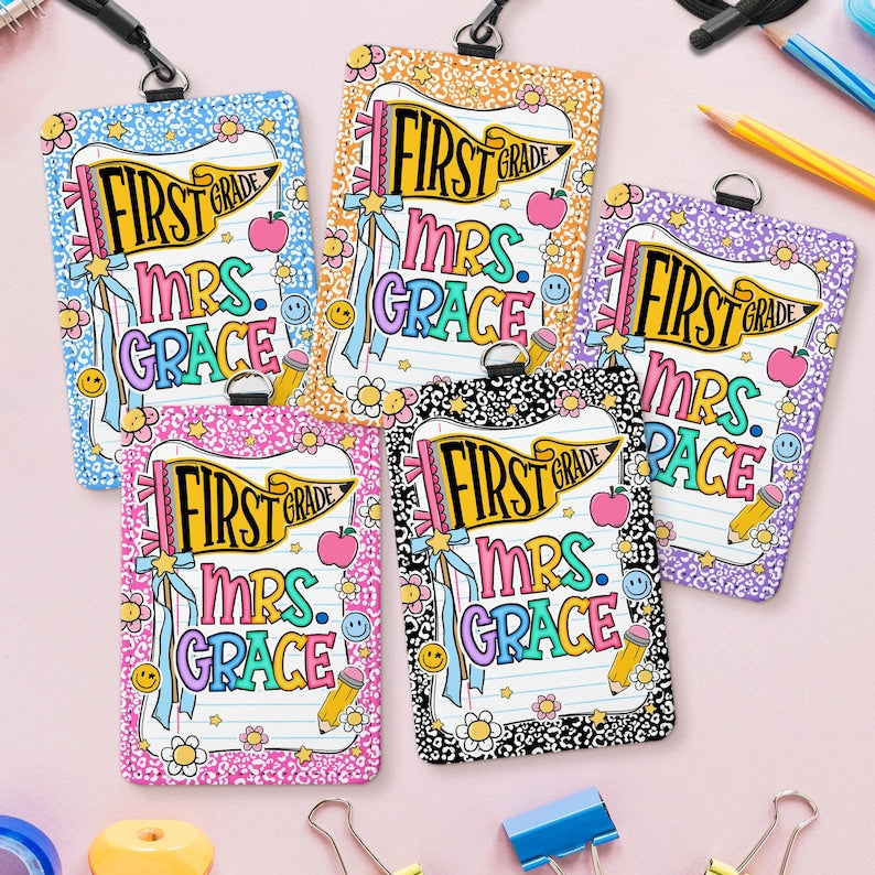 Personalized Pennants Flag Teacher ID Badge Holder: Custom Teacher Name Card Holder