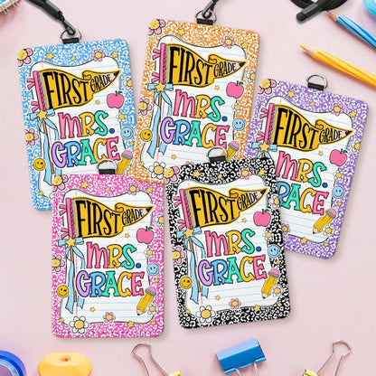 Personalized Pennants Flag Teacher ID Badge Holder: Custom Teacher Name Card Holder