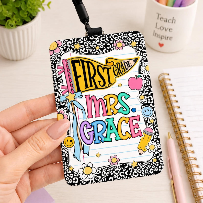 Personalized Pennants Flag Teacher ID Badge Holder: Custom Teacher Name Card Holder
