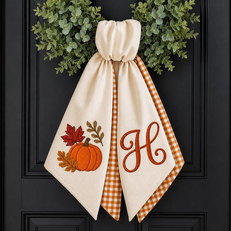 Custom Monogram Pumpkin Wreath Sash, Personalized Fall Door Decor