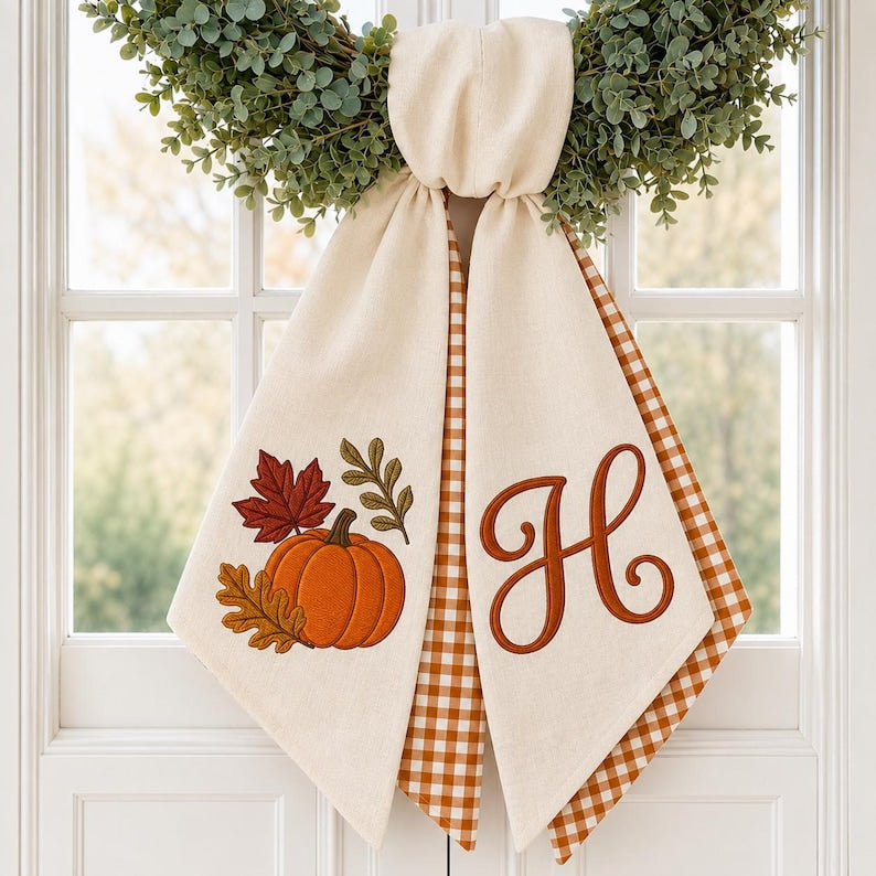 Custom Monogram Pumpkin Wreath Sash, Personalized Fall Door Decor