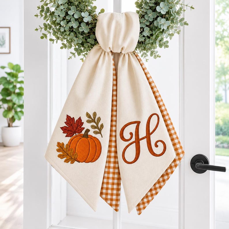 Custom Monogram Pumpkin Wreath Sash, Personalized Fall Door Decor
