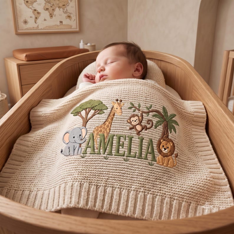 Personalized Embroidered Lion Baby Blanket Name - Custom Name Knit Giraffe Safari Newborn Gift