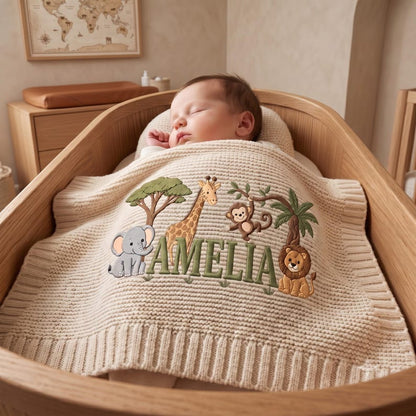 Personalized Embroidered Lion Baby Blanket Name - Custom Name Knit Giraffe Safari Newborn Gift