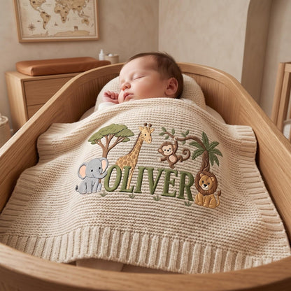 Personalized Embroidered Lion Baby Blanket Name - Custom Name Knit Giraffe Safari Newborn Gift