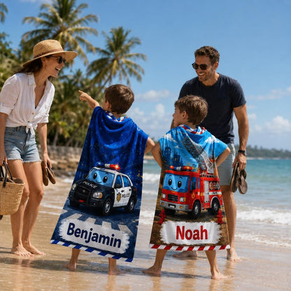 Personalized Kids Beach Towel, Custom Name Construction Truck Towel