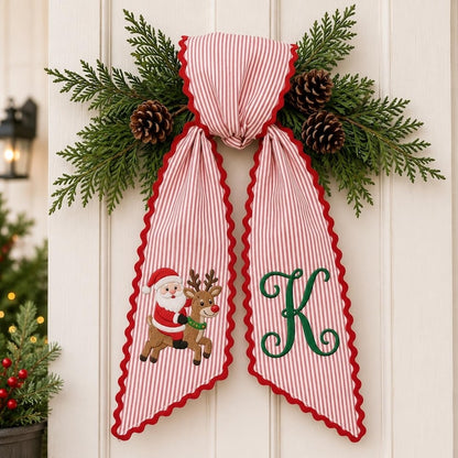Personalized Christmas Wreath Sash, Santa Reindeer Monogram Bow