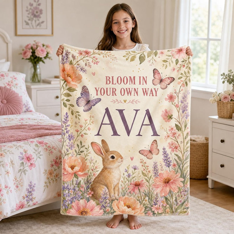 Personalized Bunny Baby Blanket, Custom Name Butterfly Floral Blanket