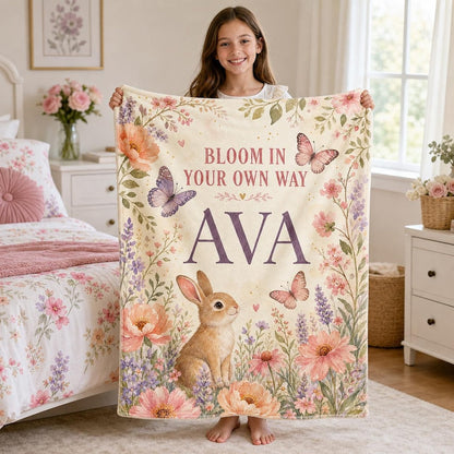Personalized Bunny Baby Blanket, Custom Name Butterfly Floral Blanket