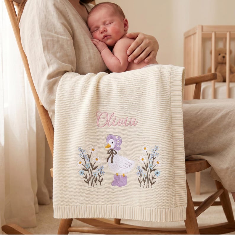 Personalized Wildflower Baby Blanket,Floral Baby Blanket,Embroidered Baby Knit Name Blanket