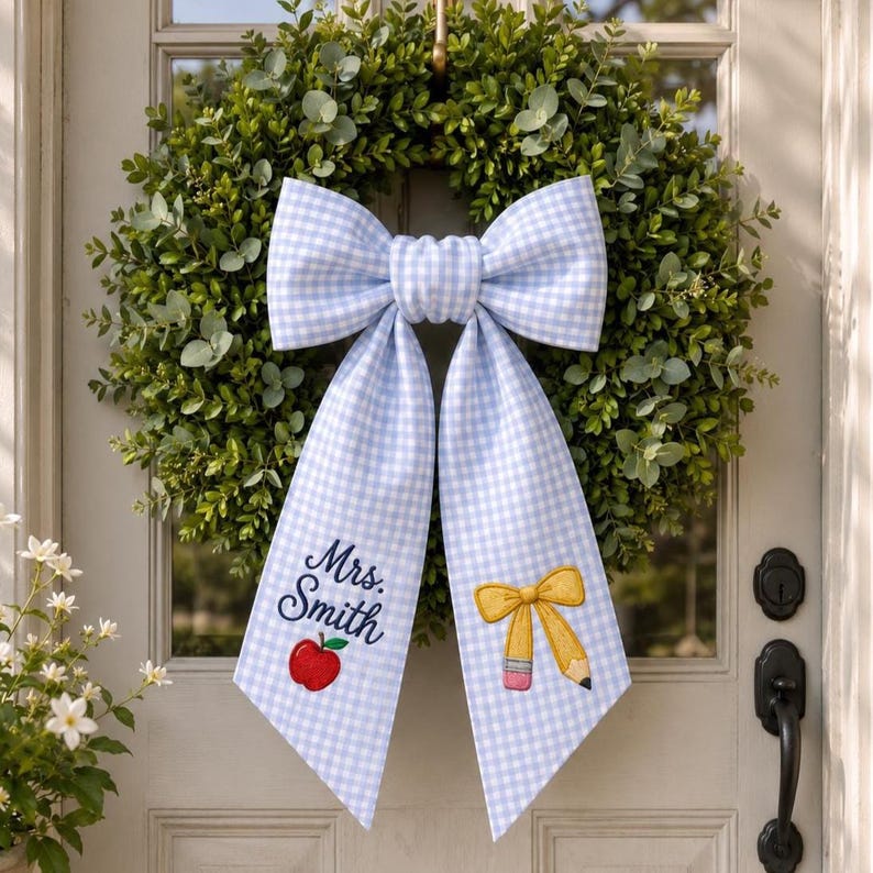 Personalized Teacher Door Wreath Bow, Custom Name Gingham Wreath Sash