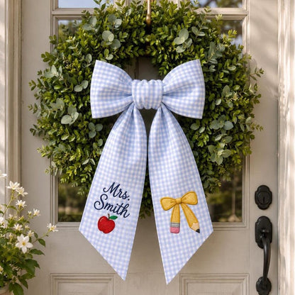 Personalized Teacher Door Wreath Bow, Custom Name Gingham Wreath Sash