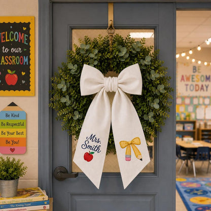 Personalized Teacher Door Wreath Bow, Custom Name Gingham Wreath Sash
