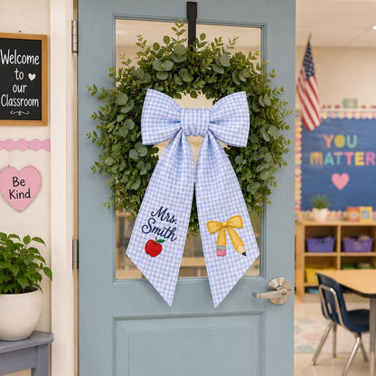Personalized Teacher Door Wreath Bow, Custom Name Gingham Wreath Sash