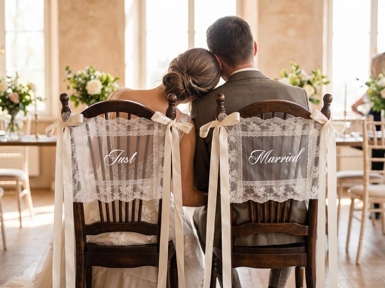 Personalized Lace Just Married Wedding Chair Sash | Custom Bride Groom Chair Banner