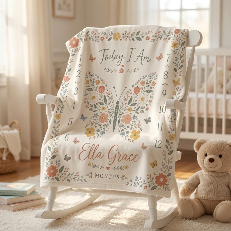 Personalized Butterfly Baby Milestone Blanket, Custom Name Baby Blanket Girl