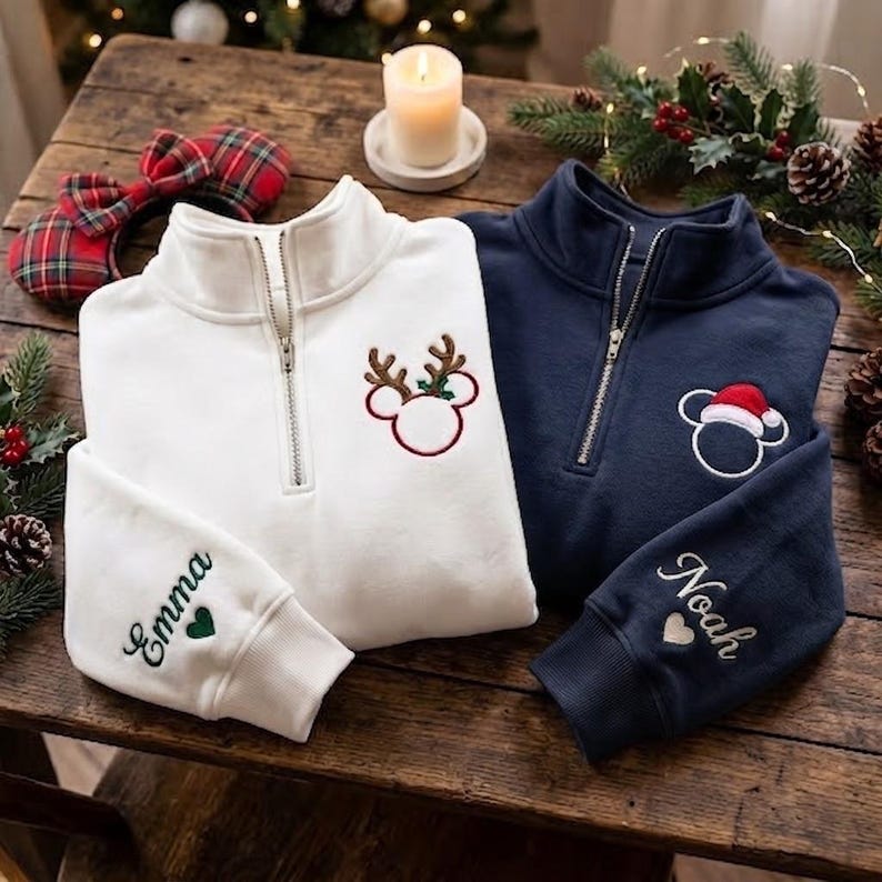 Embroidered Mickey Minnie Christmas Quarter Zip Sweatshirt