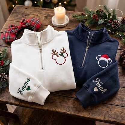 Embroidered Mickey Minnie Christmas Quarter Zip Sweatshirt