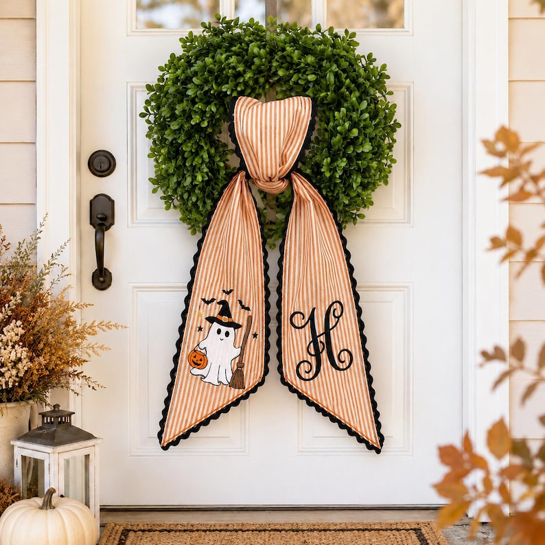 Custom Witch Ghost Halloween Wreath Sash, Personalized Seasonal Front Door Decor