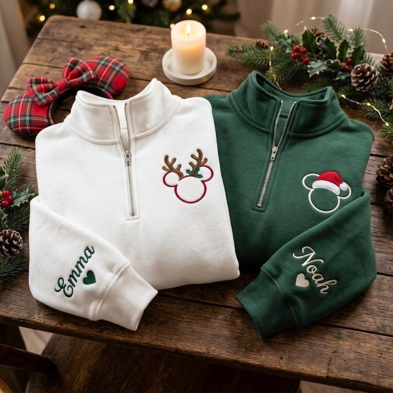 Embroidered Mickey Minnie Christmas Quarter Zip Sweatshirt