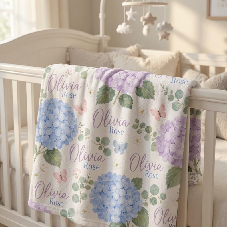 Personalized Hydrangea Baby Blanket, Custom Name Baby Girl Blanket