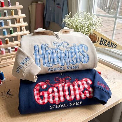 Custom Mascot  Bow Quarter Zip Sweatshirt, Personalized Applique School Spirit Pullover