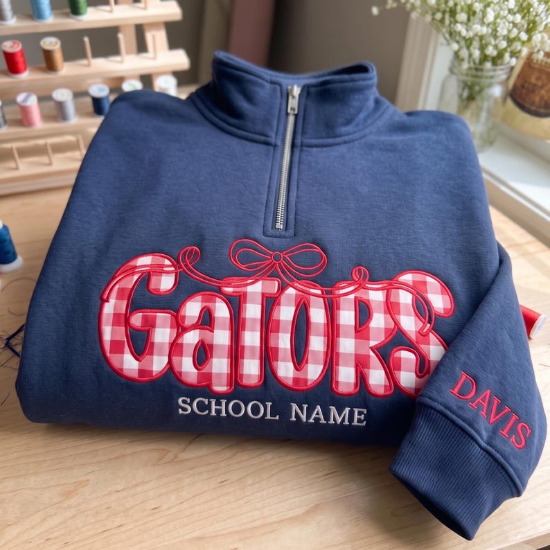Custom Mascot  Bow Quarter Zip Sweatshirt, Personalized Applique School Spirit Pullover