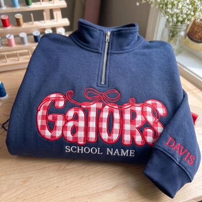 Custom Mascot  Bow Quarter Zip Sweatshirt, Personalized Applique School Spirit Pullover