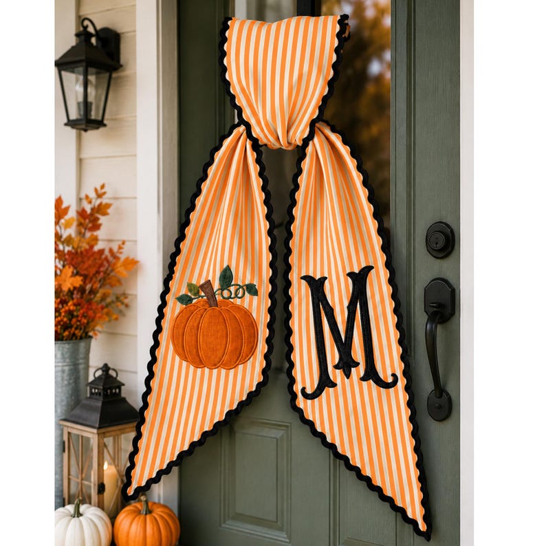 Personalized Striped Pumpkin Monogram Door Sash – Fall Harvest Decor