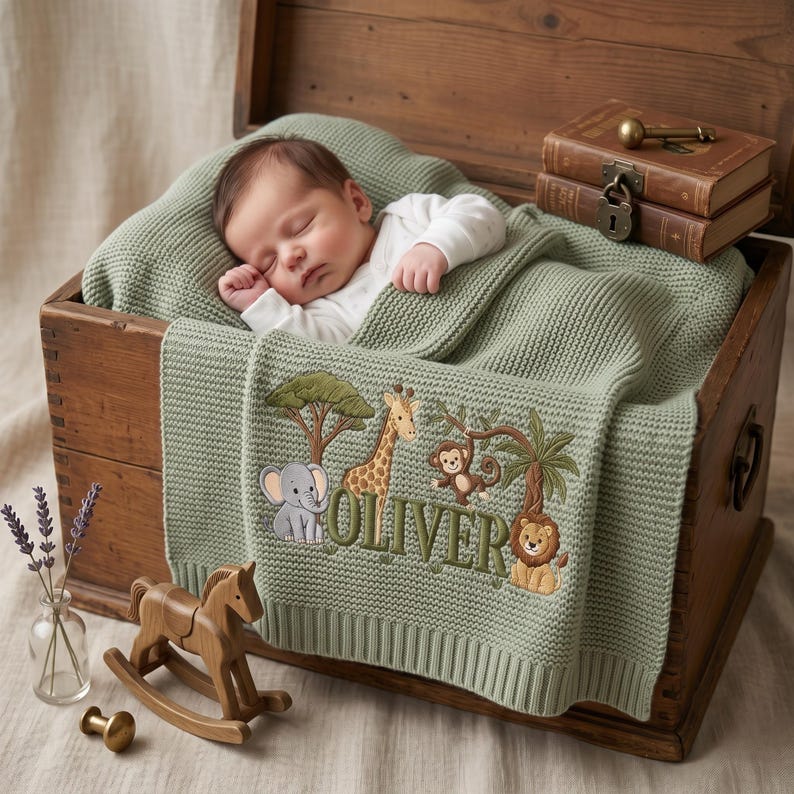 Personalized Embroidered Lion Baby Blanket Name - Custom Name Knit Giraffe Safari Newborn Gift