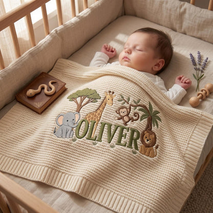 Personalized Embroidered Lion Baby Blanket Name - Custom Name Knit Giraffe Safari Newborn Gift