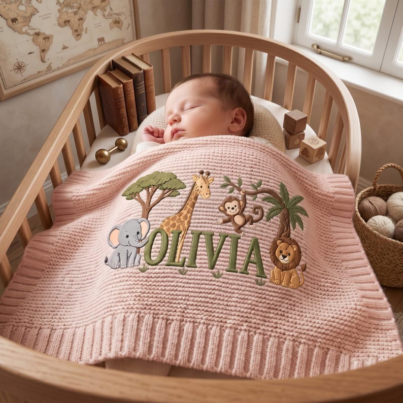 Personalized Embroidered Lion Baby Blanket Name - Custom Name Knit Giraffe Safari Newborn Gift