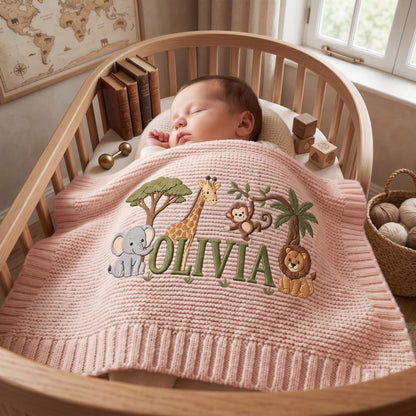 Personalized Embroidered Lion Baby Blanket Name - Custom Name Knit Giraffe Safari Newborn Gift