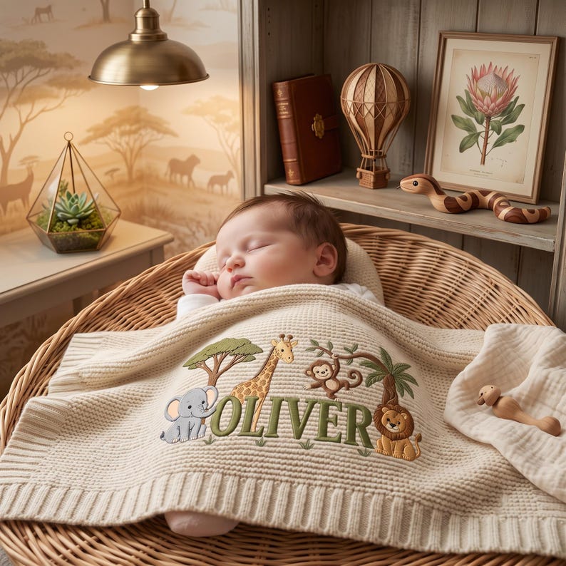 Personalized Embroidered Lion Baby Blanket Name - Custom Name Knit Giraffe Safari Newborn Gift