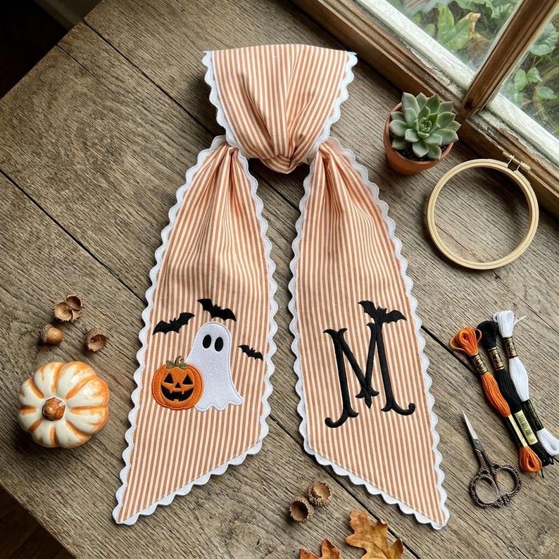 Personalized Halloween Wreath Sash, Monogram Ghost Pumpkin Door Decor