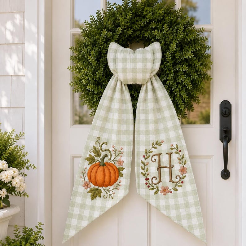 Personalized Fall Wreath Sash, Embroidered Pumpkin Door Bow