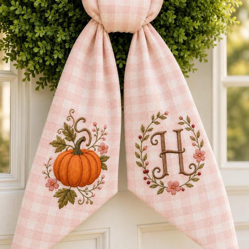Personalized Fall Wreath Sash, Embroidered Pumpkin Door Bow